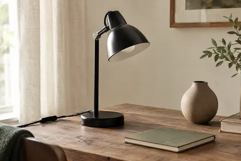 Lampe de bureau noire en métal orientable posée sur un bureau en bois près d’un carnet