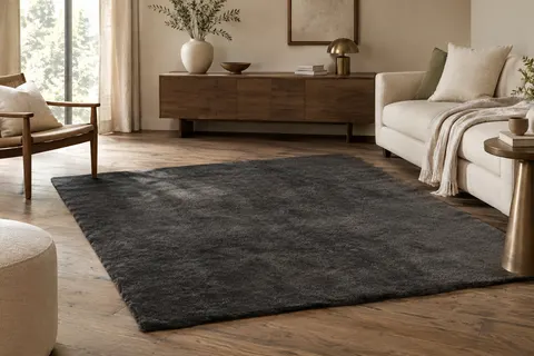 Tapis rectangulaire anthracite à poils courts posé sur un parquet dans un salon lumineux