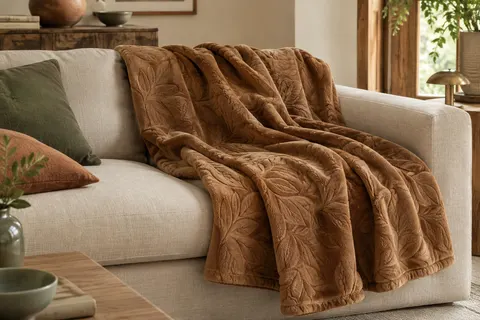 Plaid polaire caramel à motif de feuilles texturé, posé sur un canapé en lin dans un intérieur lumineux.