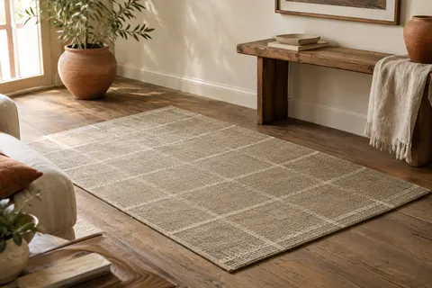 Tapis rectangulaire naturel à poils courts posé sur un sol en bois dans un intérieur lumineux.