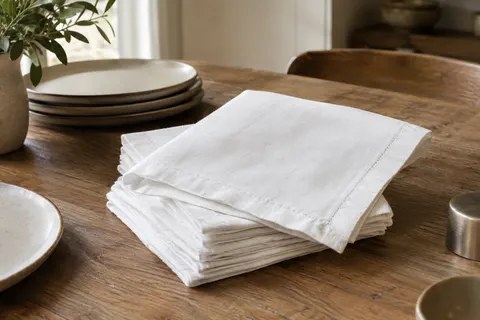 Serviettes de table carrées blanches en coton mélangé, pliées sur une table en bois avec de la vaisselle en céramique